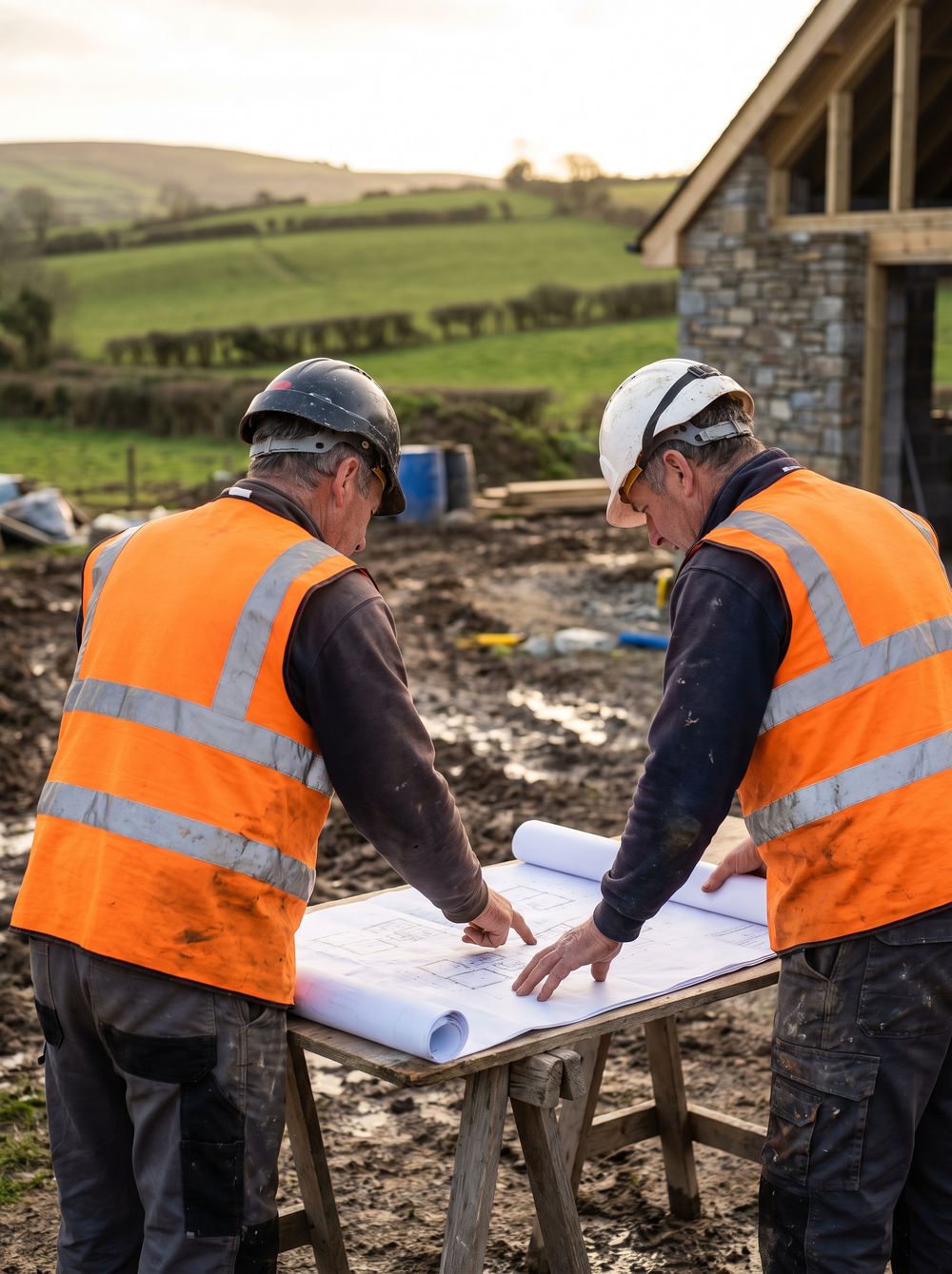 Two builders in hi-vis reviewing plans on a construction site
